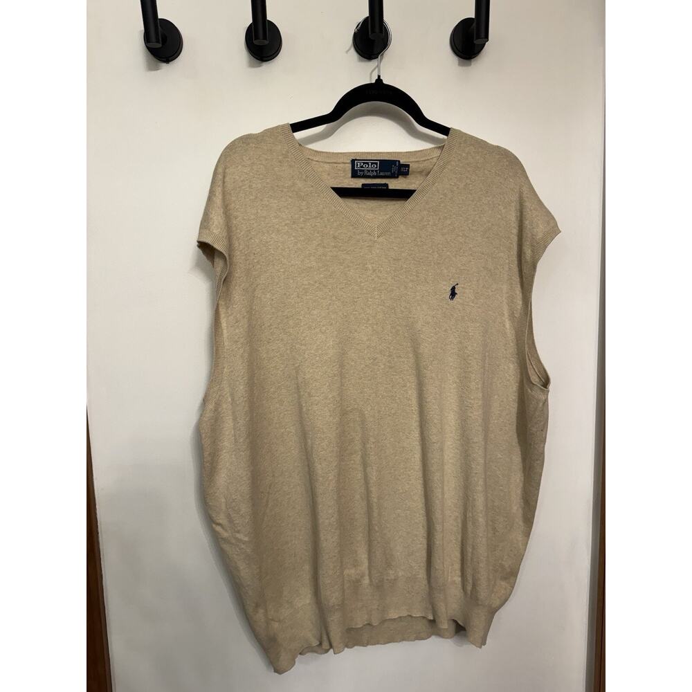 Polo by Ralph Lauren M Sz XLT Beige Sweater Vest V Neck 100% Pima Collegiate